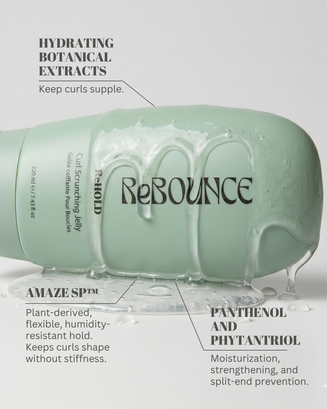 Green bottle labeled 'ReBounce' with text about hydrating botanical extracts and ingredients on a white background.