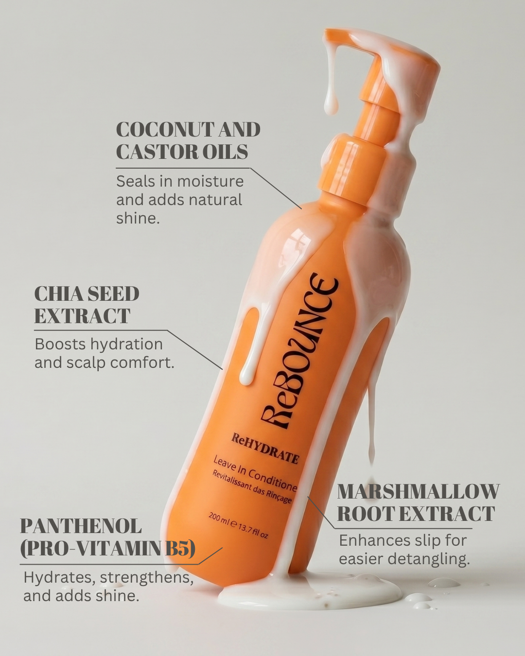Orange bottle of Rebounce hair product with text detailing ingredients and benefits on a light gray background.