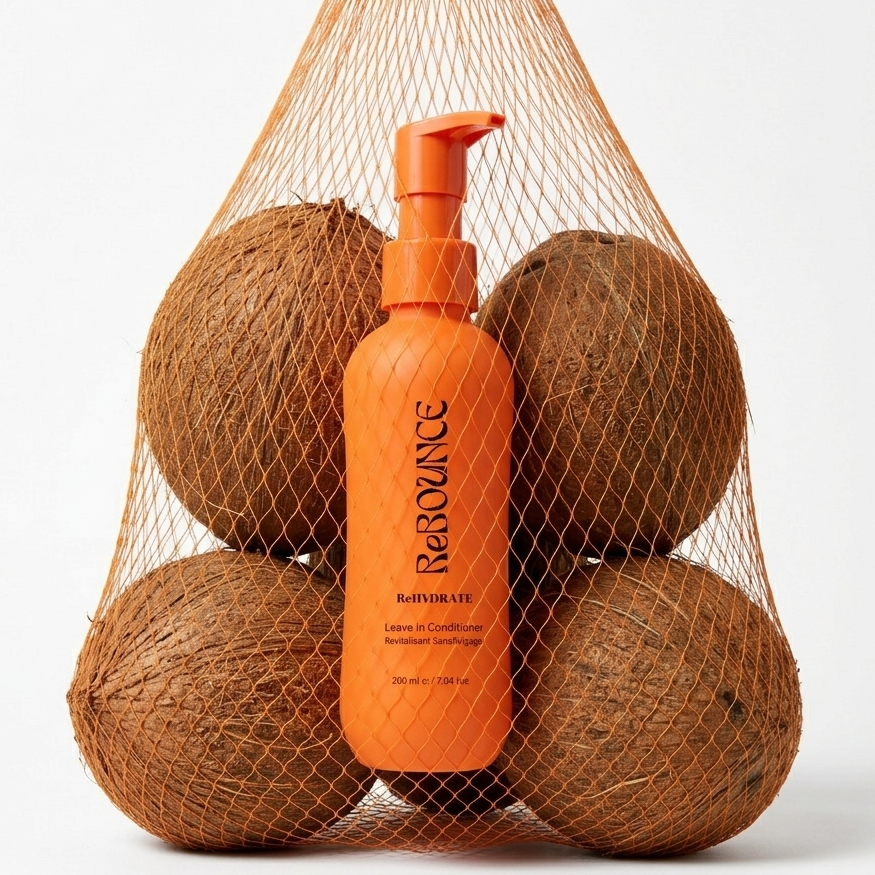 Orange bottle of ReBounce leave-in conditioner with coconuts in a mesh bag on a white background